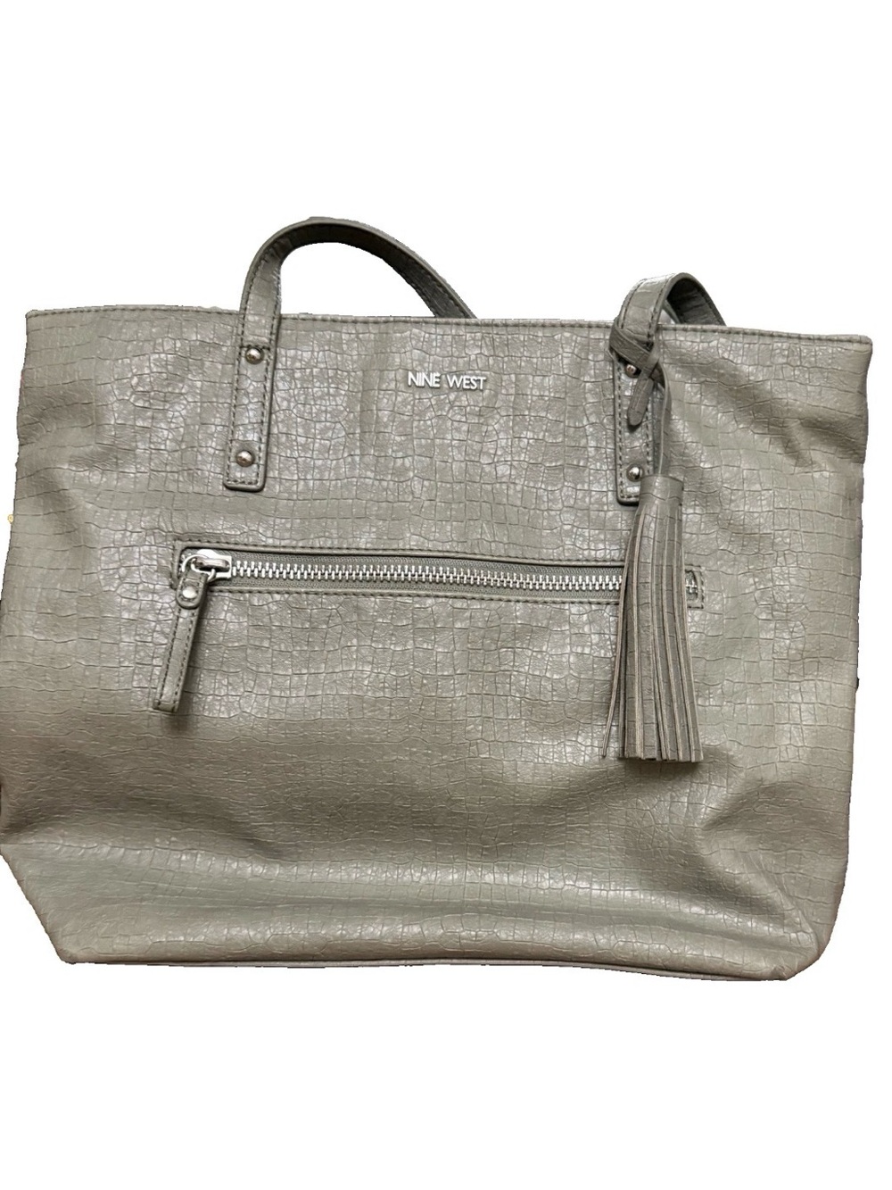 Nine West Shoulder Bag Faux Leather Gray EUC Tassel Hang Charm Croc Embossed - Picture 2 of 16